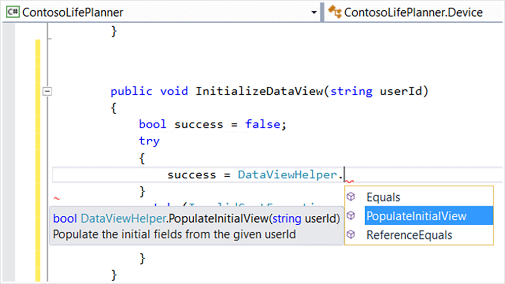 IntelliSense コード エディターのスクリーンショット