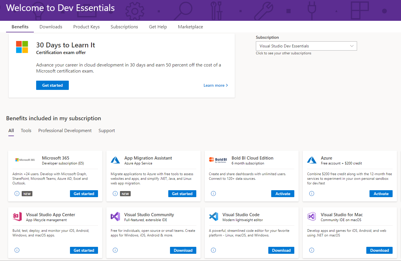 zrzut ekranu przedstawiający powitanie w programie Dev Essentials